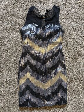 As U Wish Sequin Chevron Mini Dress - Black, Gold & Silver